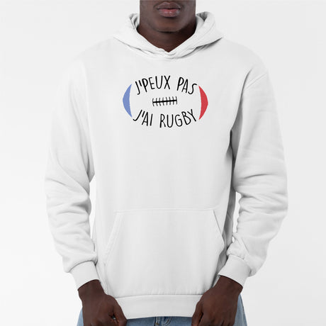 Sweat Capuche Adulte J'peux pas j'ai rugby Blanc