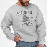 Sweat Adulte Attention je mords Gris