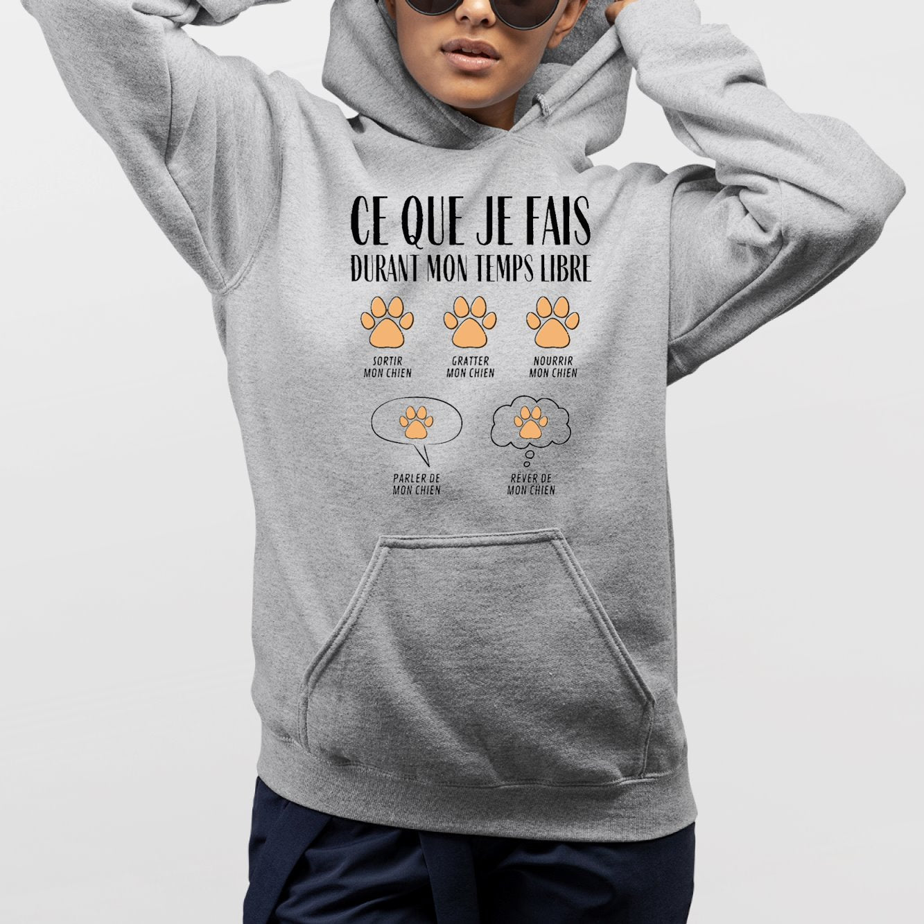 Sweat Capuche Adulte Ce que je fais durant mon temps libre Chien Gris