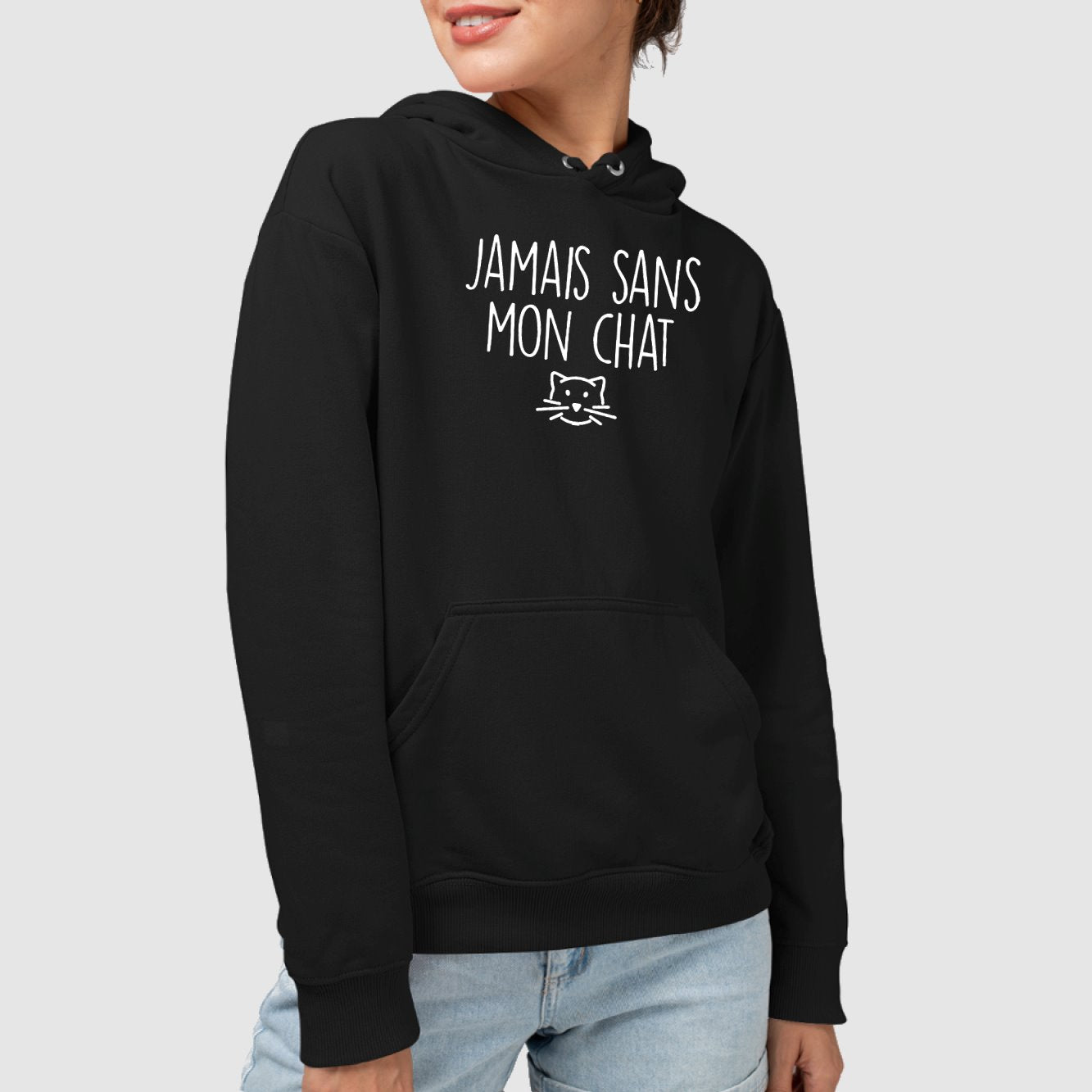 Sweat Capuche Adulte Jamais sans mon chat Noir