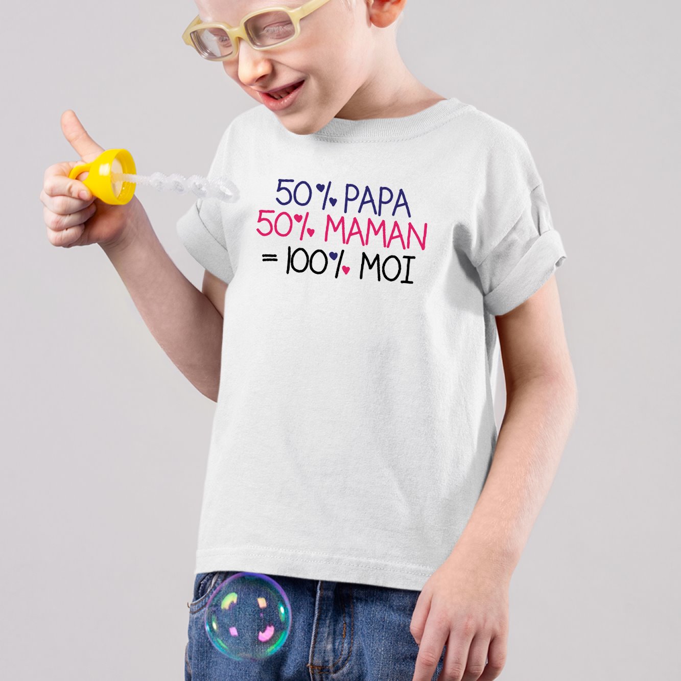 T-Shirt Enfant 50% maman 50% papa Blanc