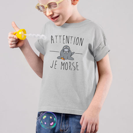 T-Shirt Enfant Attention je mords Gris