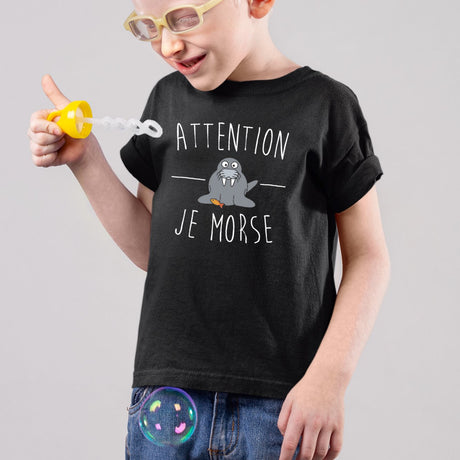T-Shirt Enfant Attention je mords Noir