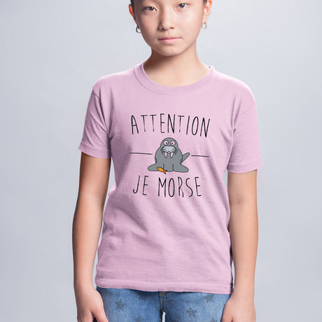 T-Shirt Enfant Attention je mords Rose