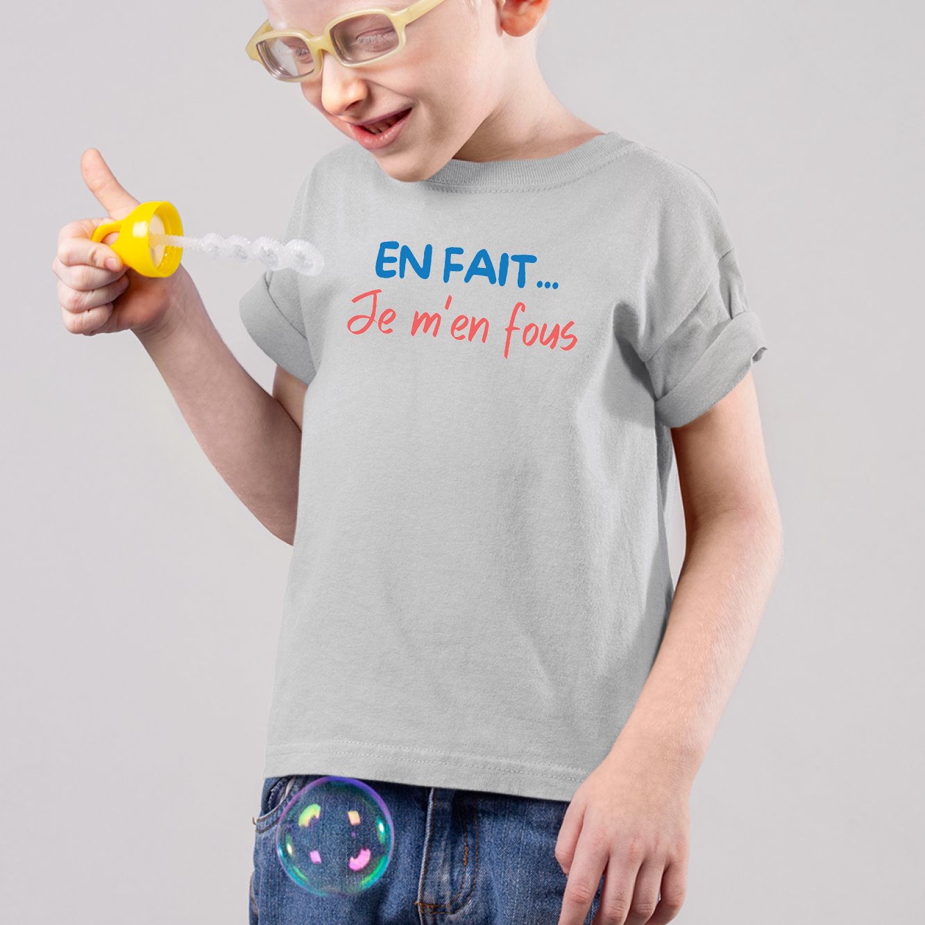 T-Shirt Enfant En fait je m'en fous Gris