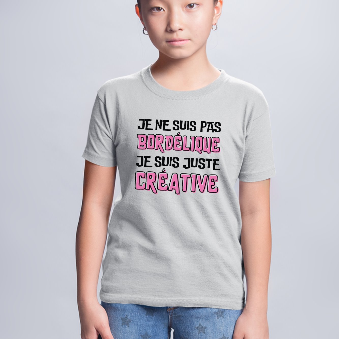 T-Shirt Enfant Je ne suis pas bordélique je suis créative Gris
