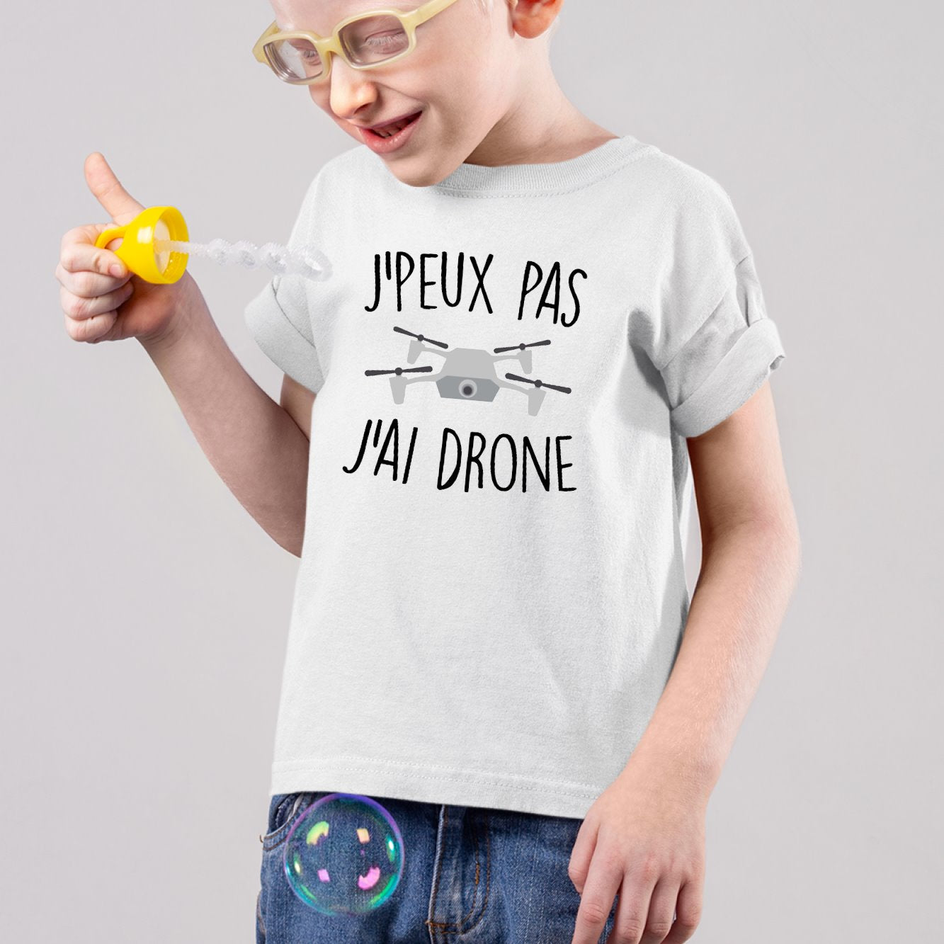 T-Shirt Enfant J'peux pas j'ai drone Blanc