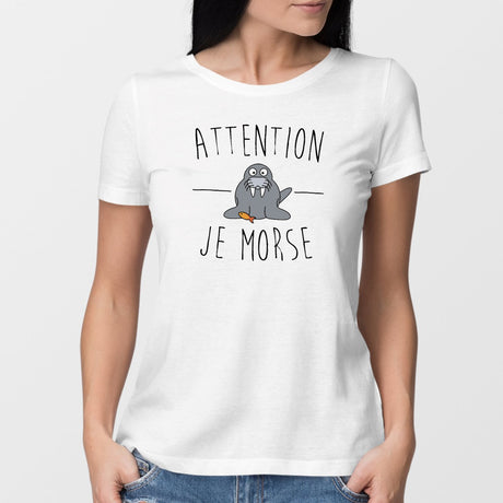 T-Shirt Femme Attention je mords Blanc