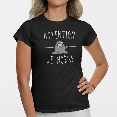 T-Shirt Femme Attention je mords Noir