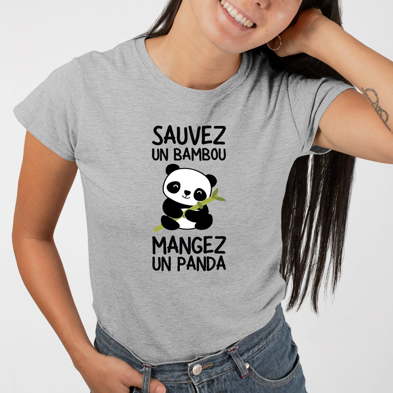T-Shirt Femme Sauvez un bambou, mangez un panda Gris