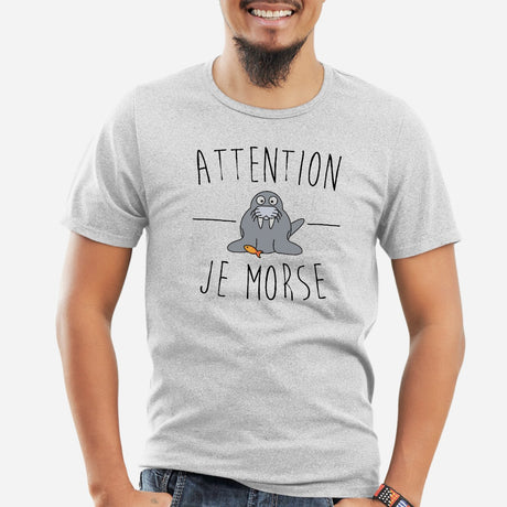 T-Shirt Homme Attention je mords Gris