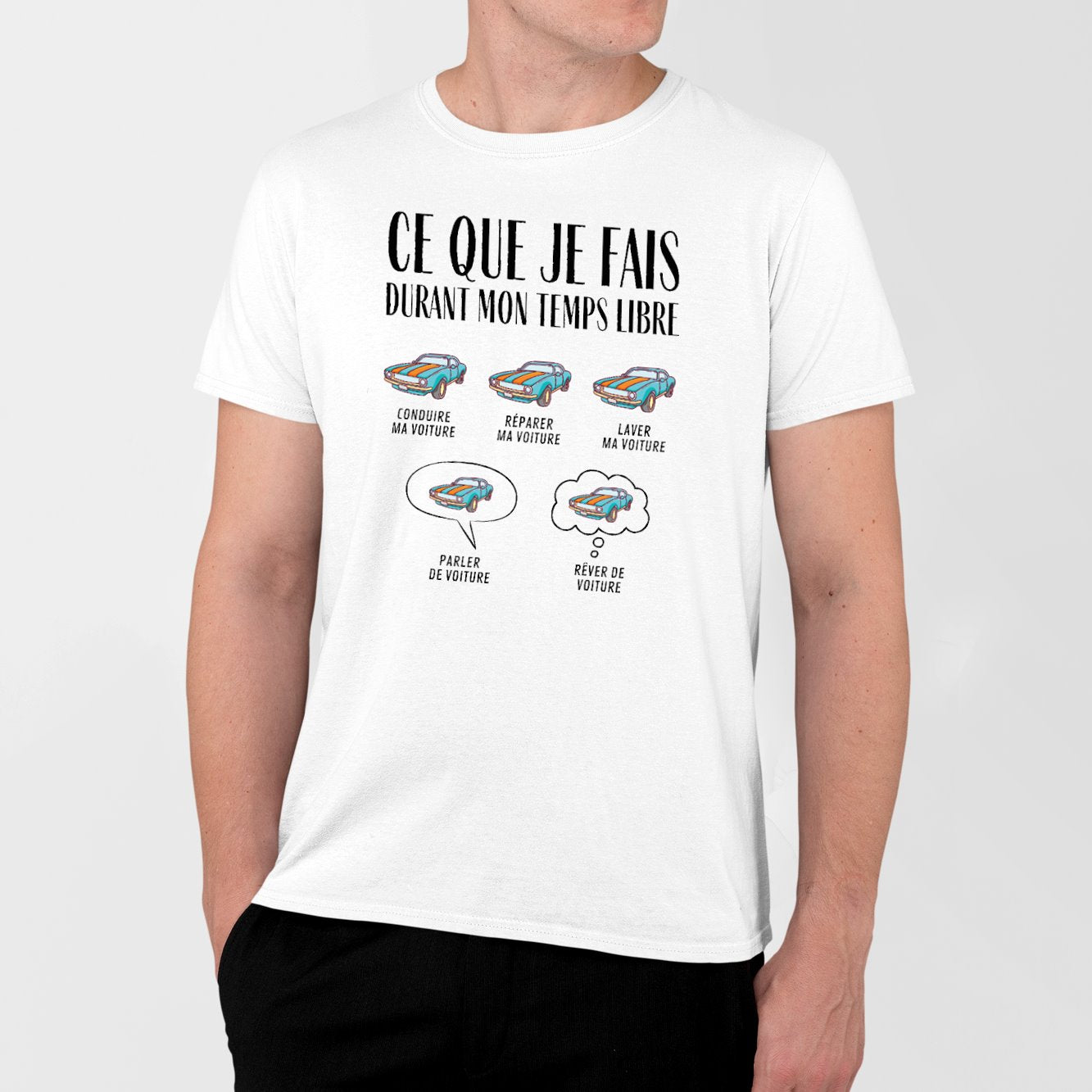 T-Shirt Homme Ce que je fais durant mon temps libre Voiture Blanc