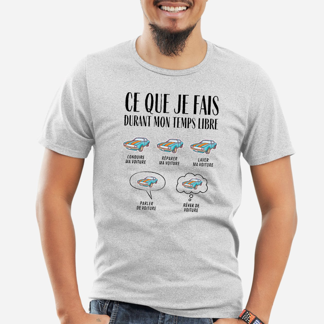 T-Shirt Homme Ce que je fais durant mon temps libre Voiture Gris