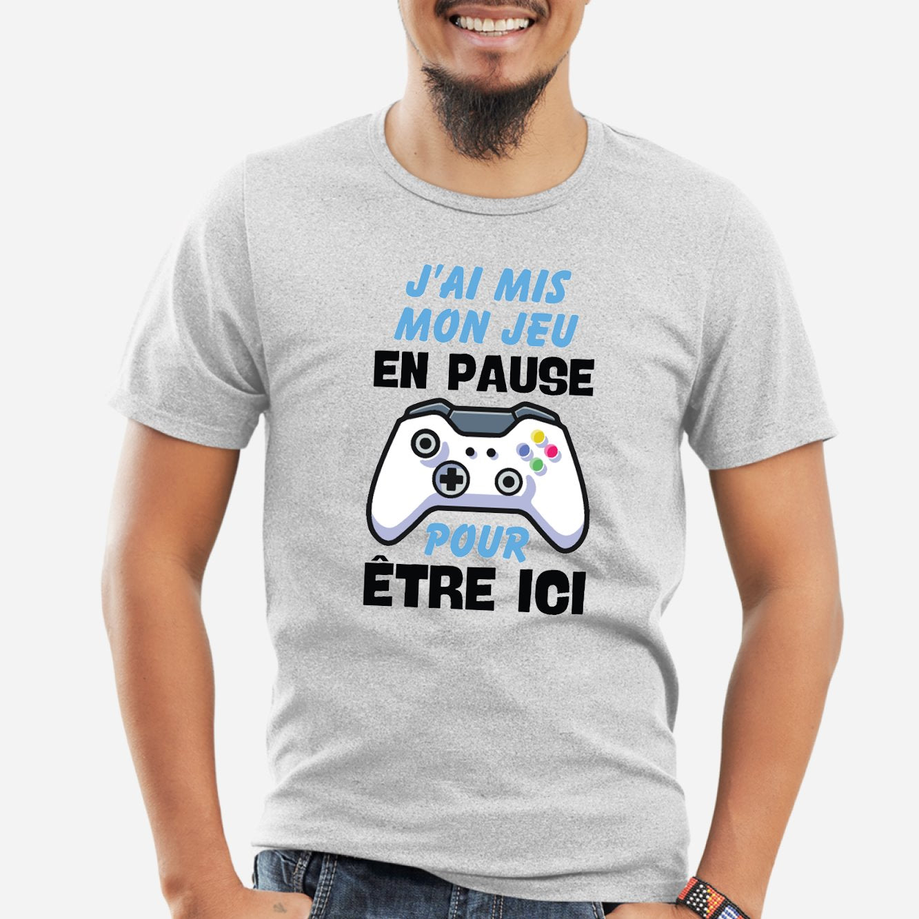 T-Shirt Homme J'ai mis mon jeu en pause pour être ici Gris