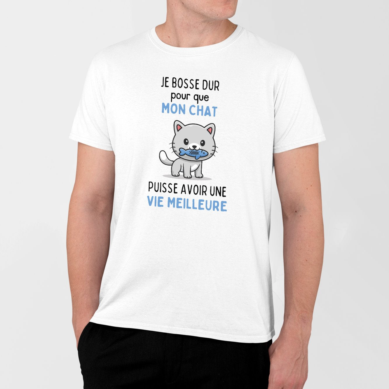T-Shirt Homme Je bosse dur pour mon chat Blanc